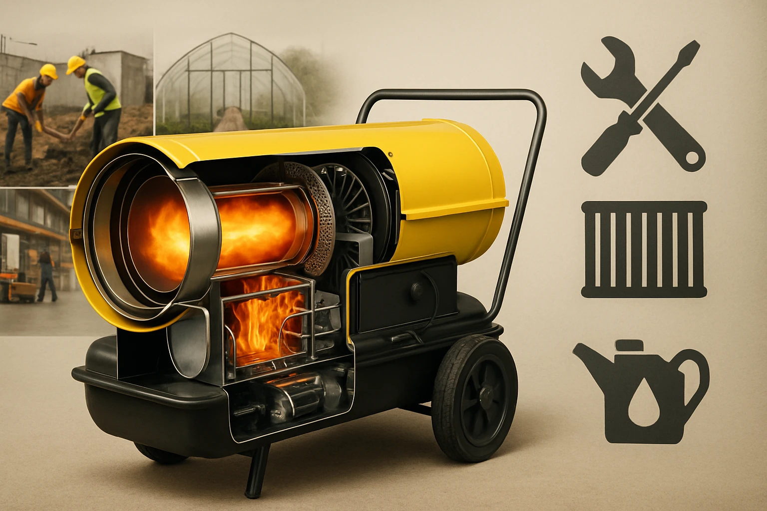 Detailný pohľad na žltý ohrievač s plameňmi vo vnútri a nástrojmi okolo.