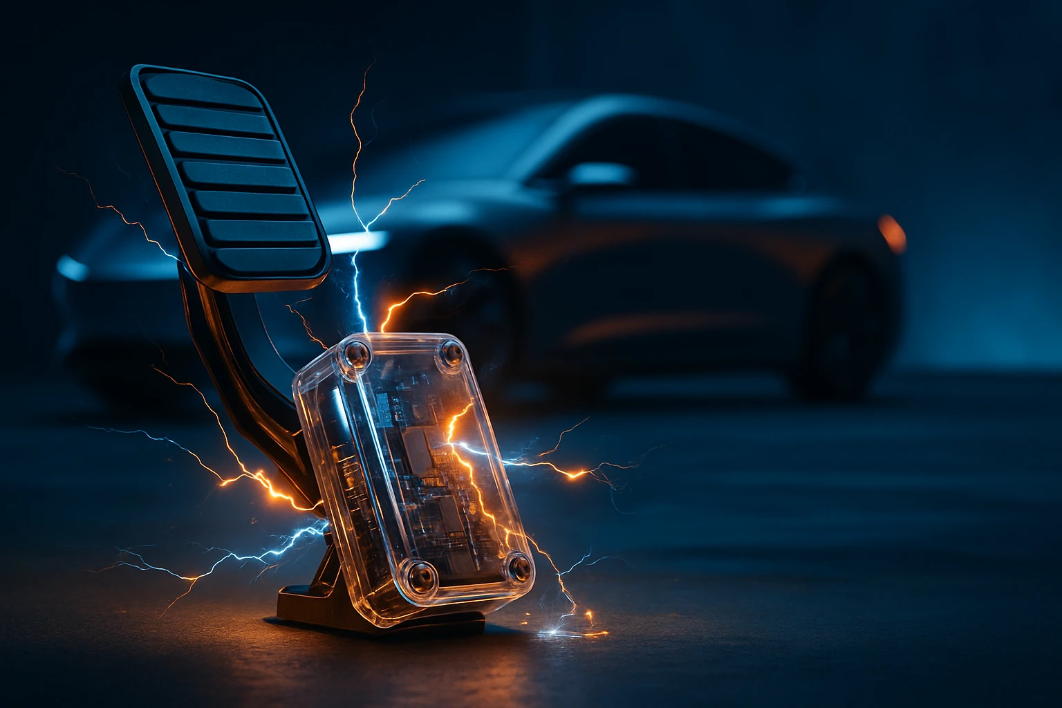 Detail pedálu s elektrickými impulzmi a moderným autom v pozadí.