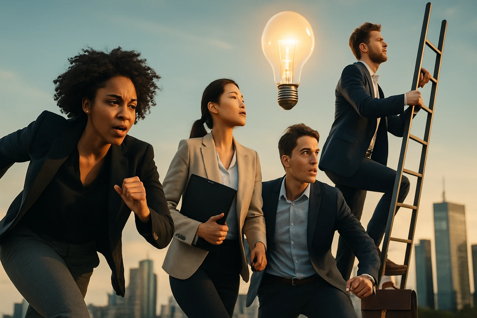 Skupina profesionálov v oblekoch s energickým výrazom tváre, bežiacich pod svetlom žiarovky.