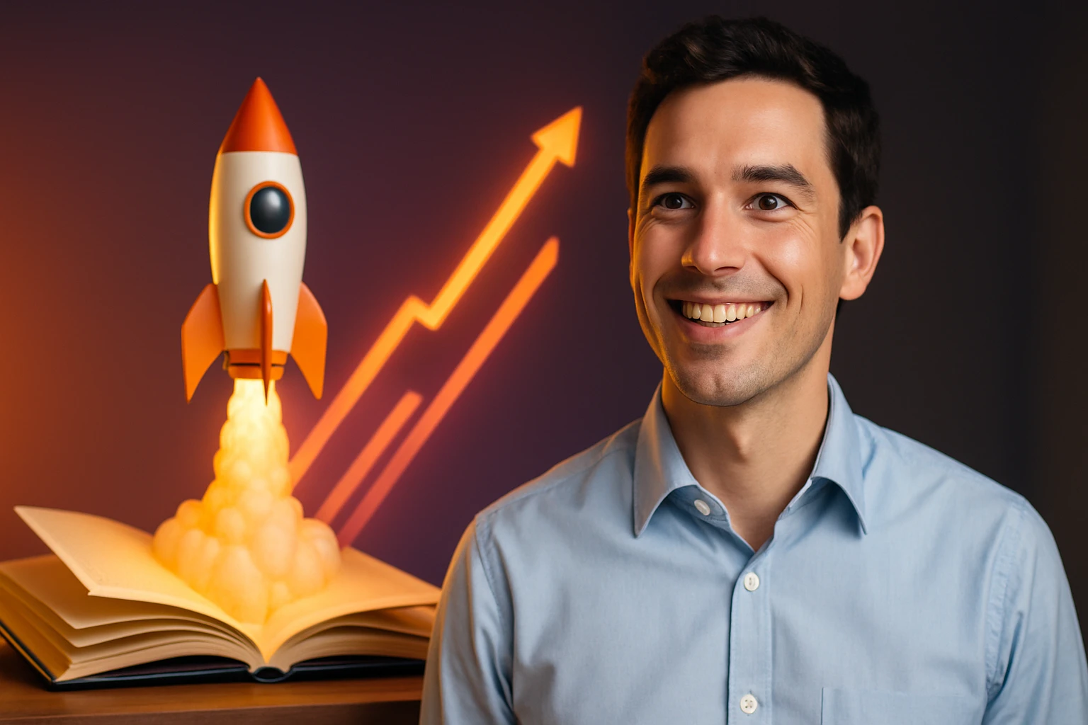 Muž s úsmevom sedí vedľa modelu rakety a otvorenej knihy.