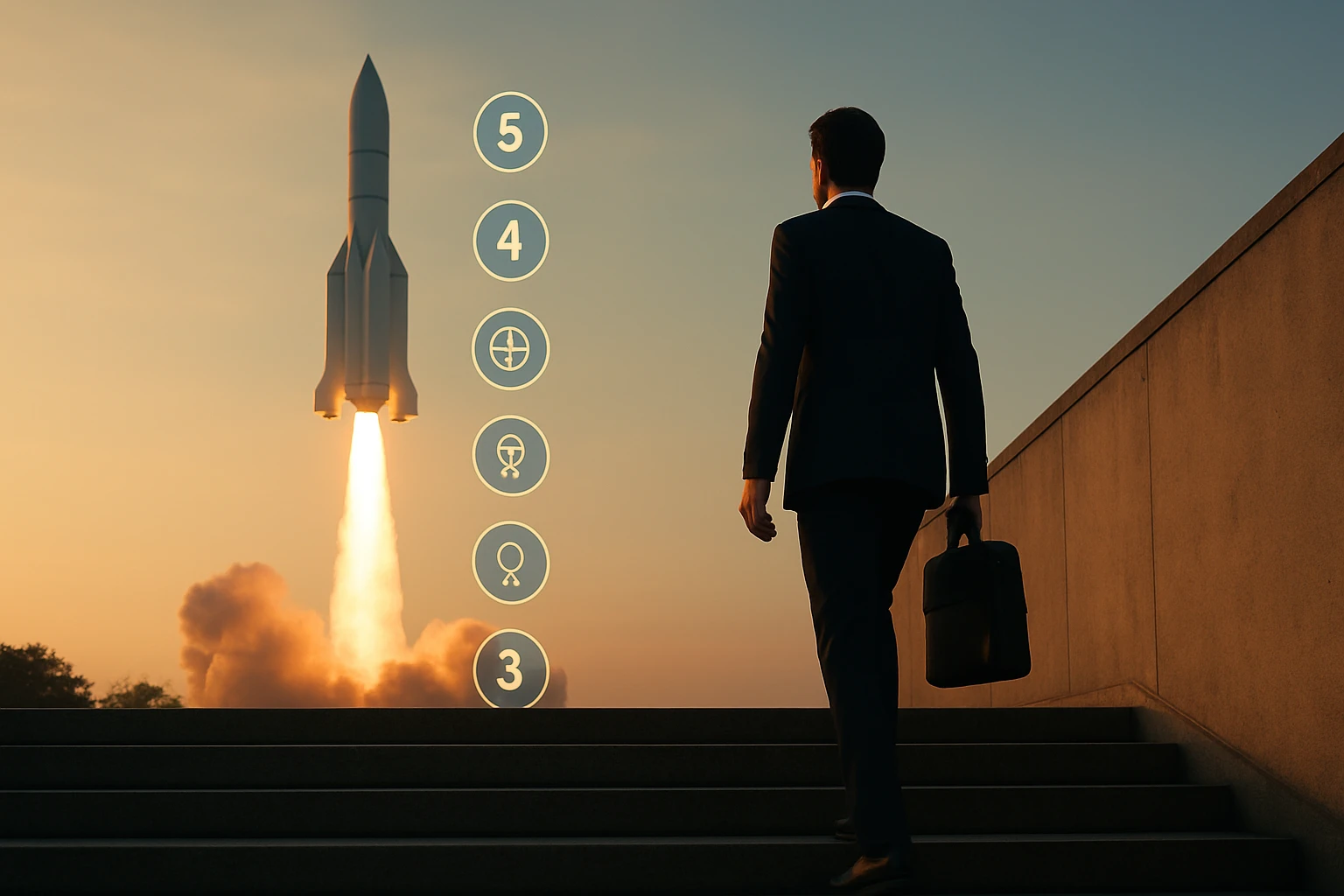Muž v obleku kráča po schodoch smerom k rakete, ktorá štartuje.