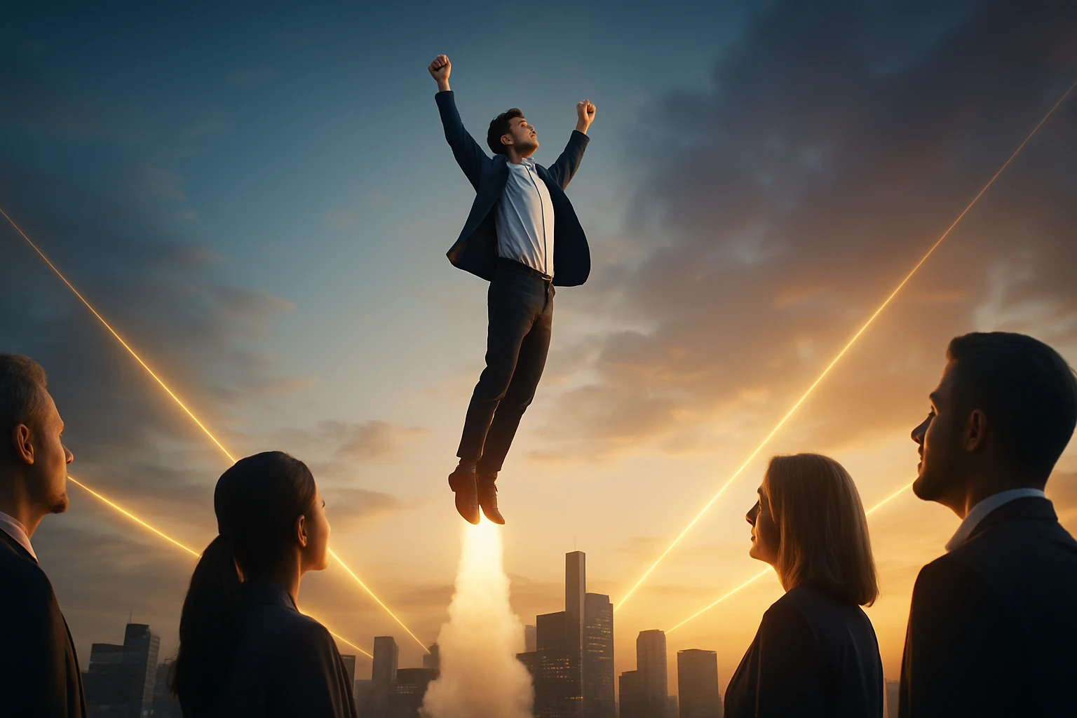 Muž v obleku vzlieta do vzduchu s nadšením, zatiaľ čo ostatní ho sledujú.