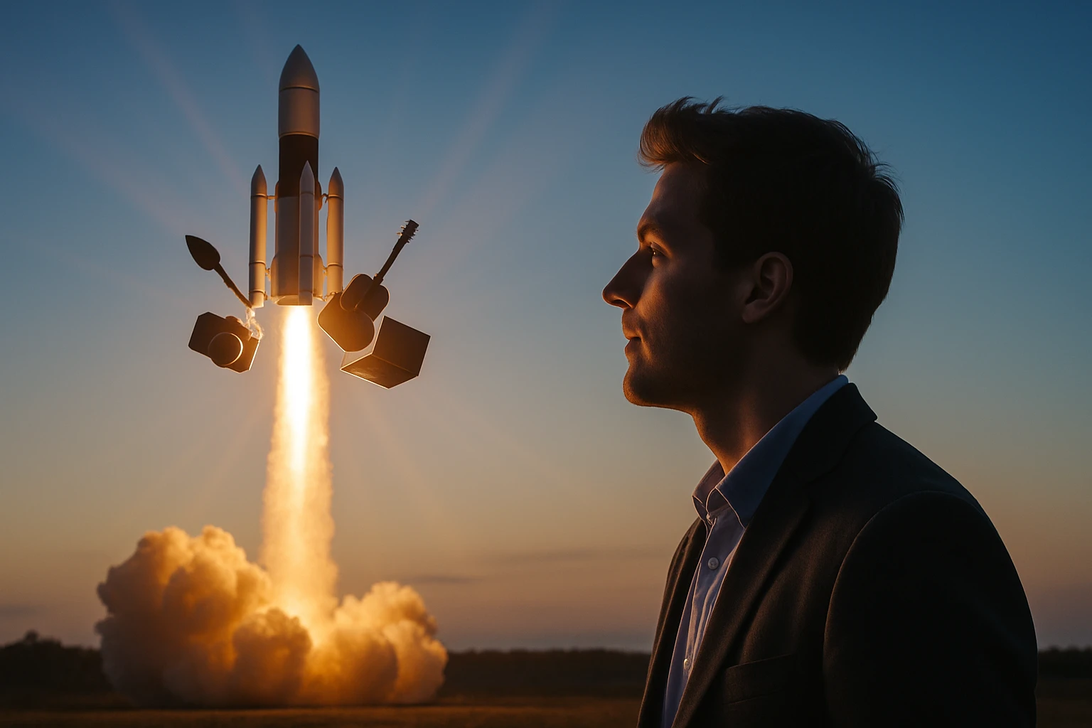 Muž stojí pred raketou, ktorá vzlieta s rôznymi predmetmi, ako sú gitara a fotoaparát.