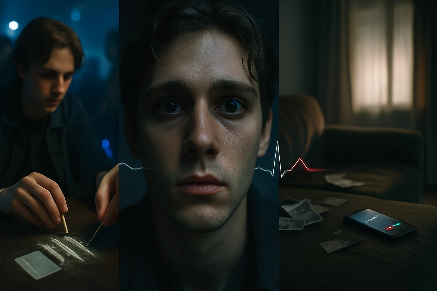 Mladý muž s výrazom úzkosti, pozorujúci drogy na stole a monitorujúci svoj pulz.