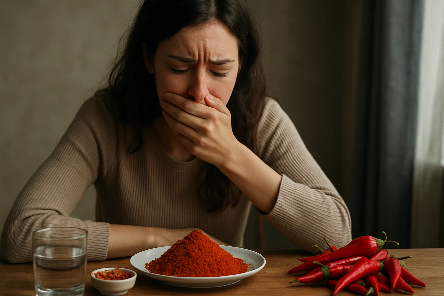 Žena so zamračeným výrazom sedí pri stole s miskou papriky a červeným korením.
