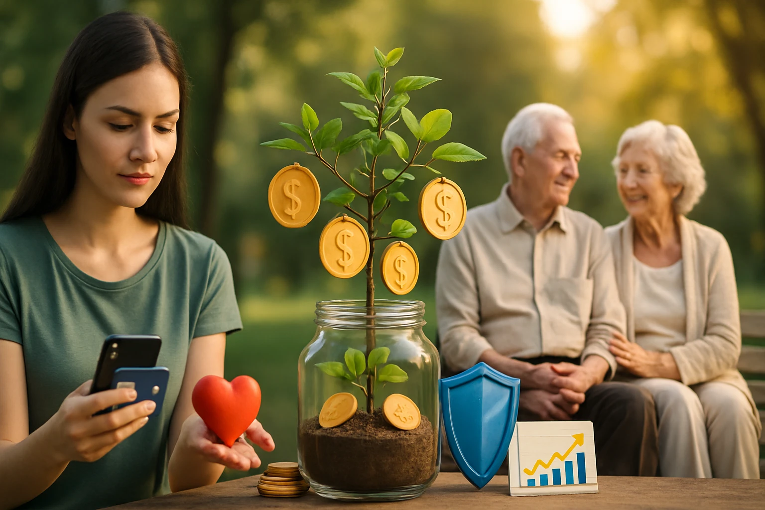 Mladá žena s mobilom a červeným srdcom, vedľa rastliny s mincami.