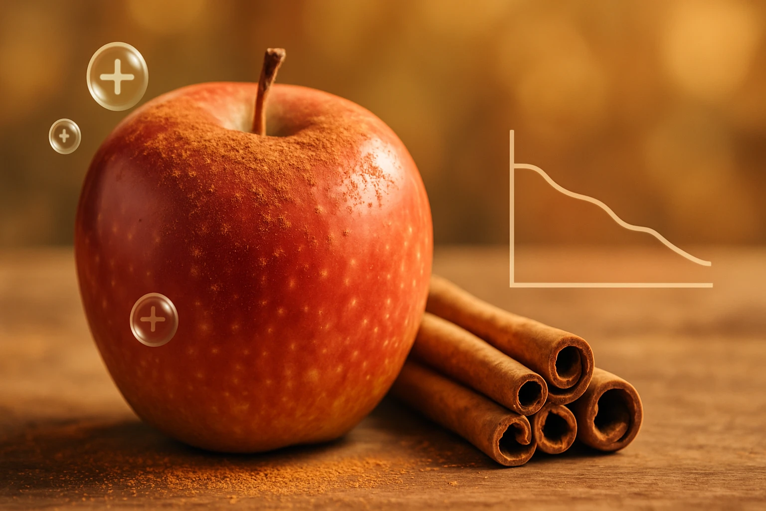 Červené jablko vedľa niekoľkých škoricových tyčiniek na drevenom stole.