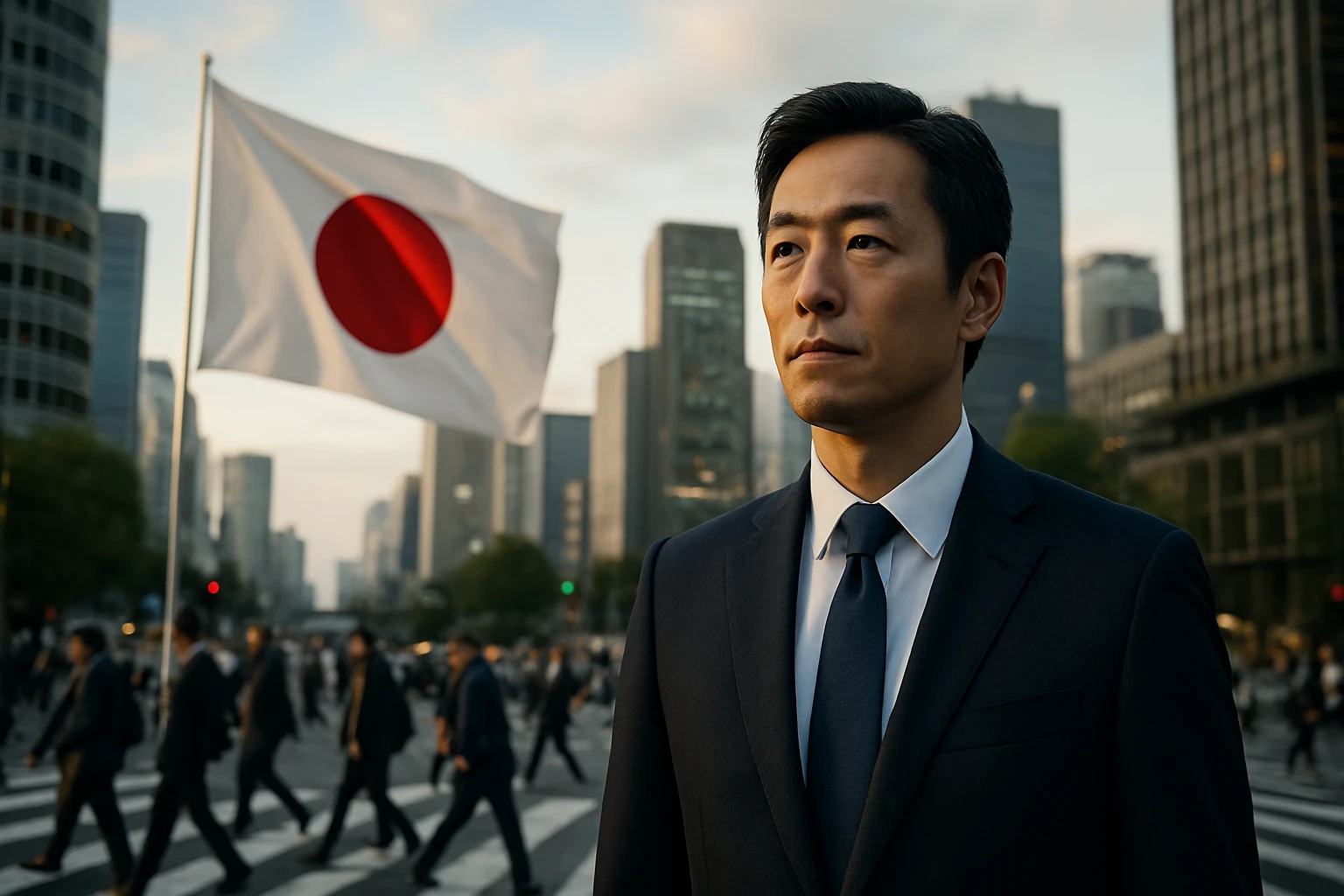 Muž v obleku stojí pred japonskou vlajkou, v pozadí mestská scenéria.