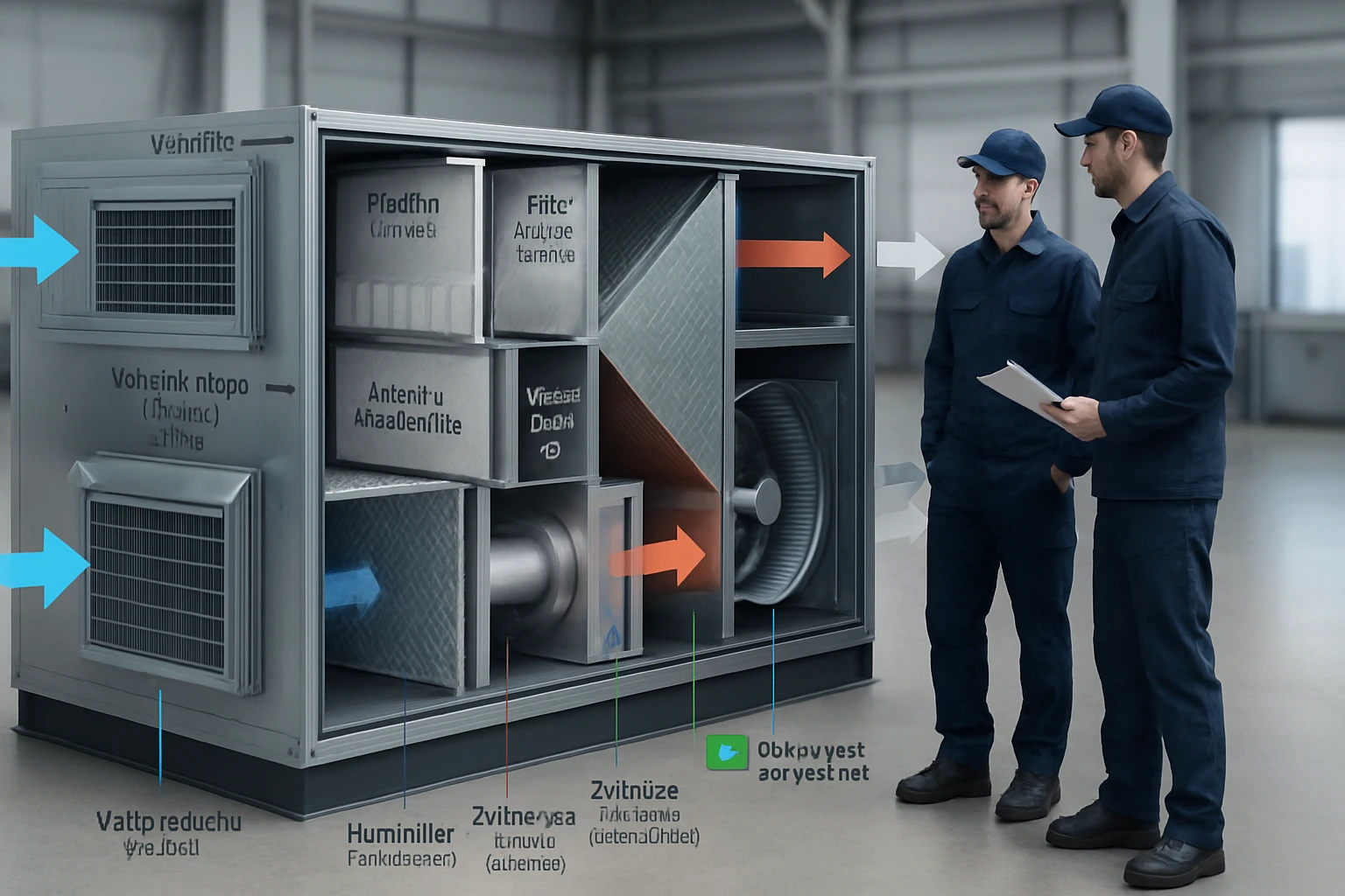Dva technici skúmajú vnútornú štruktúru klimatizačného zariadenia.