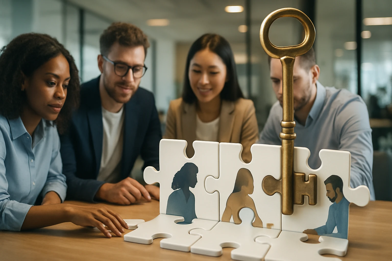 Skupina profesionálov analyzuje puzzle, ktoré symbolizuje spoluprácu a riešenie problémov.