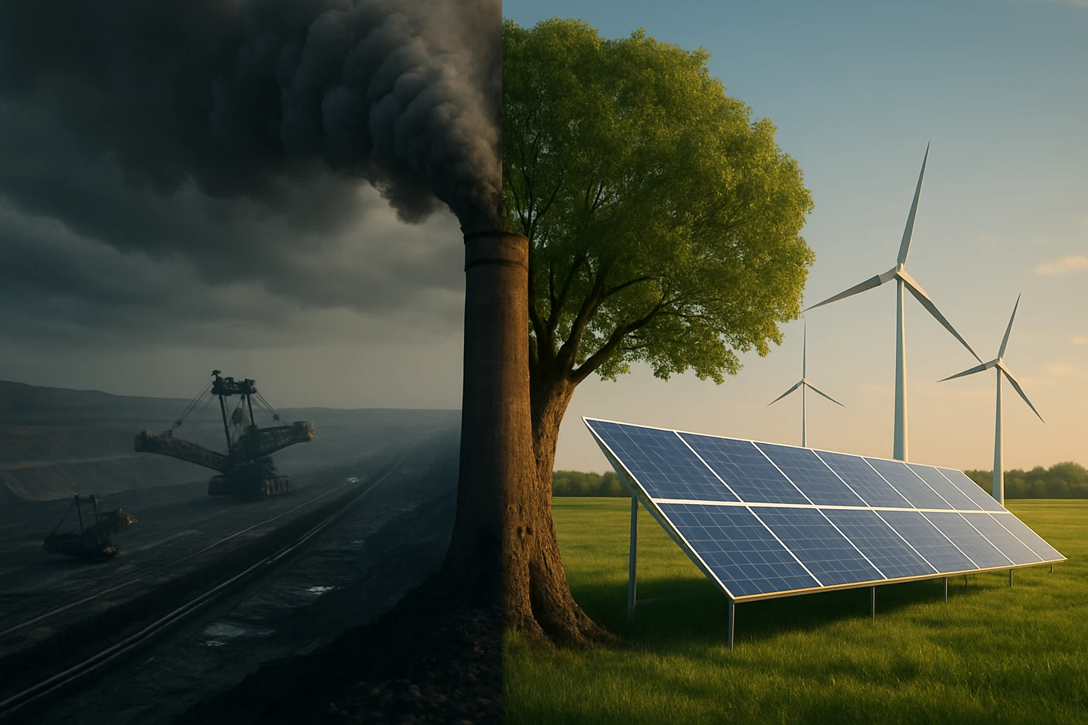 Na ľavej strane vidieť ťažbu uhlia s dymiacim komínom, na pravej strane solárne panely a veterné turbíny.