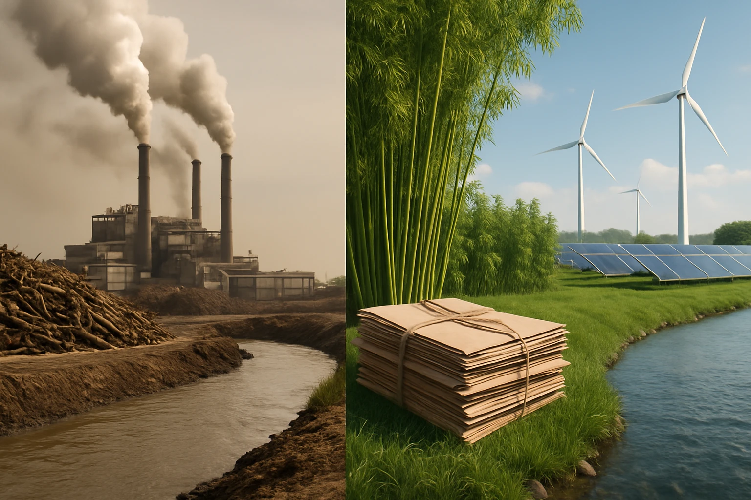 Na ľavej strane znečistená továreň s dymiacimi komínmi, na pravej strane čistá krajina s veternými turbínami a solárnymi panelmi.