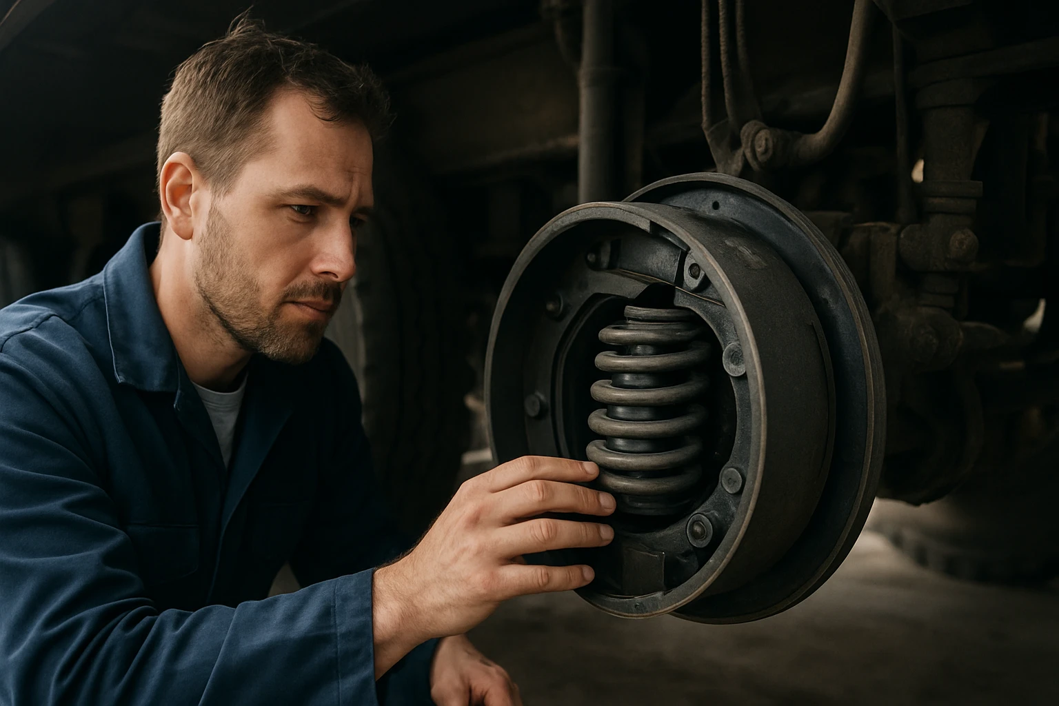 Muž kontroluje pružinu na náprave vozidla v dielni.