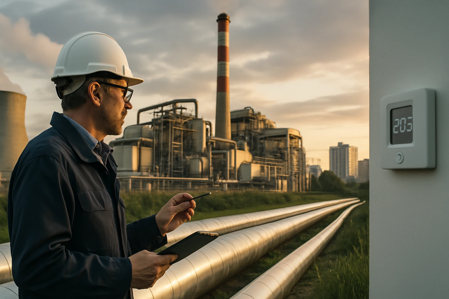 Muž v ochrannom oblečení kontroluje teplotu v priemyselnom prostredí.