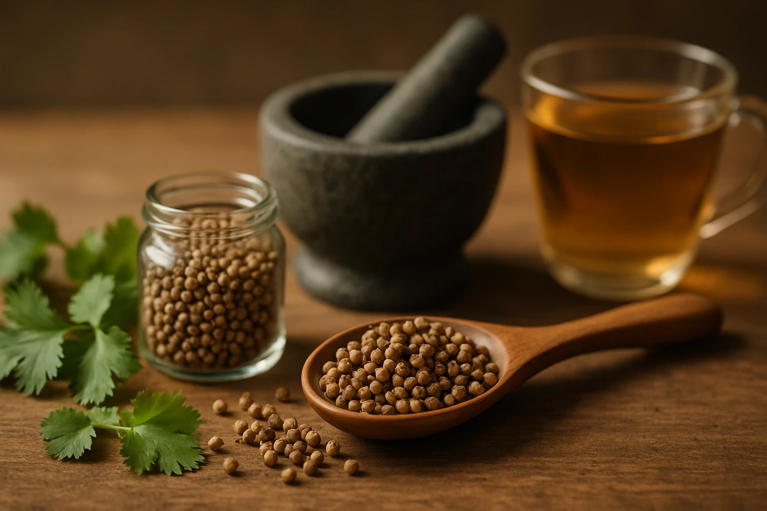 Zrná koriandra v drevenej lyžici, vedľa sklenenej nádoby a mlynčeka.