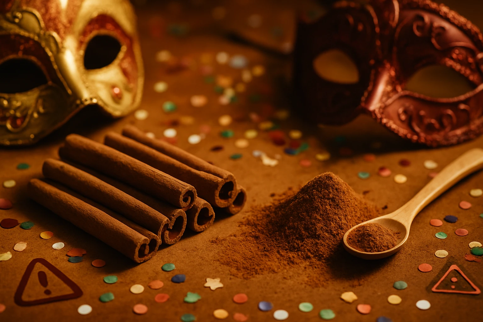 Na stole sú štyri škoricové tyčinky, hromada škorice a maska.