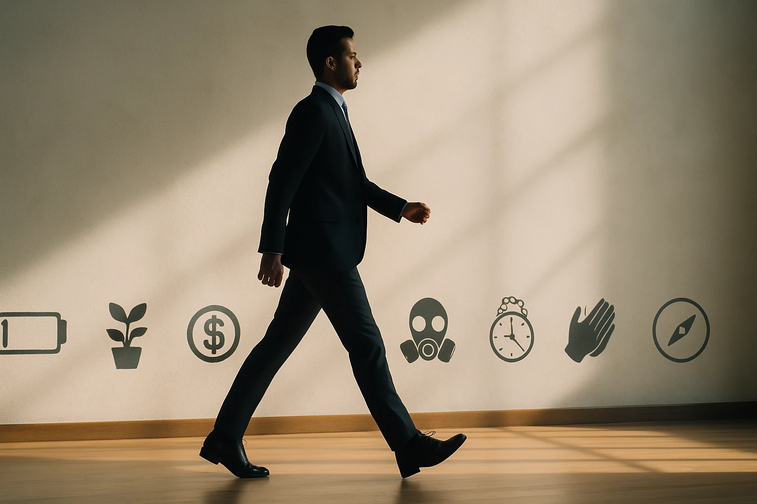 Muž v obleku kráča po miestnosti s ikonami na stene.