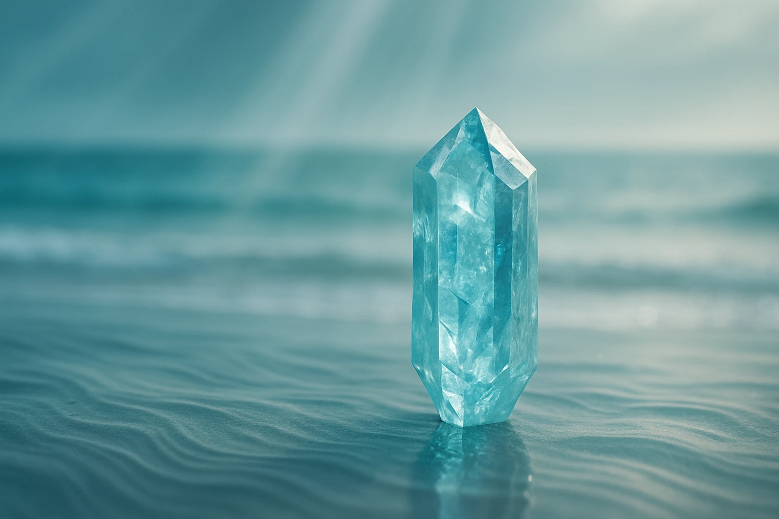 Priesvitný modrý kryštál stojí na jemnom piesku pri mori.