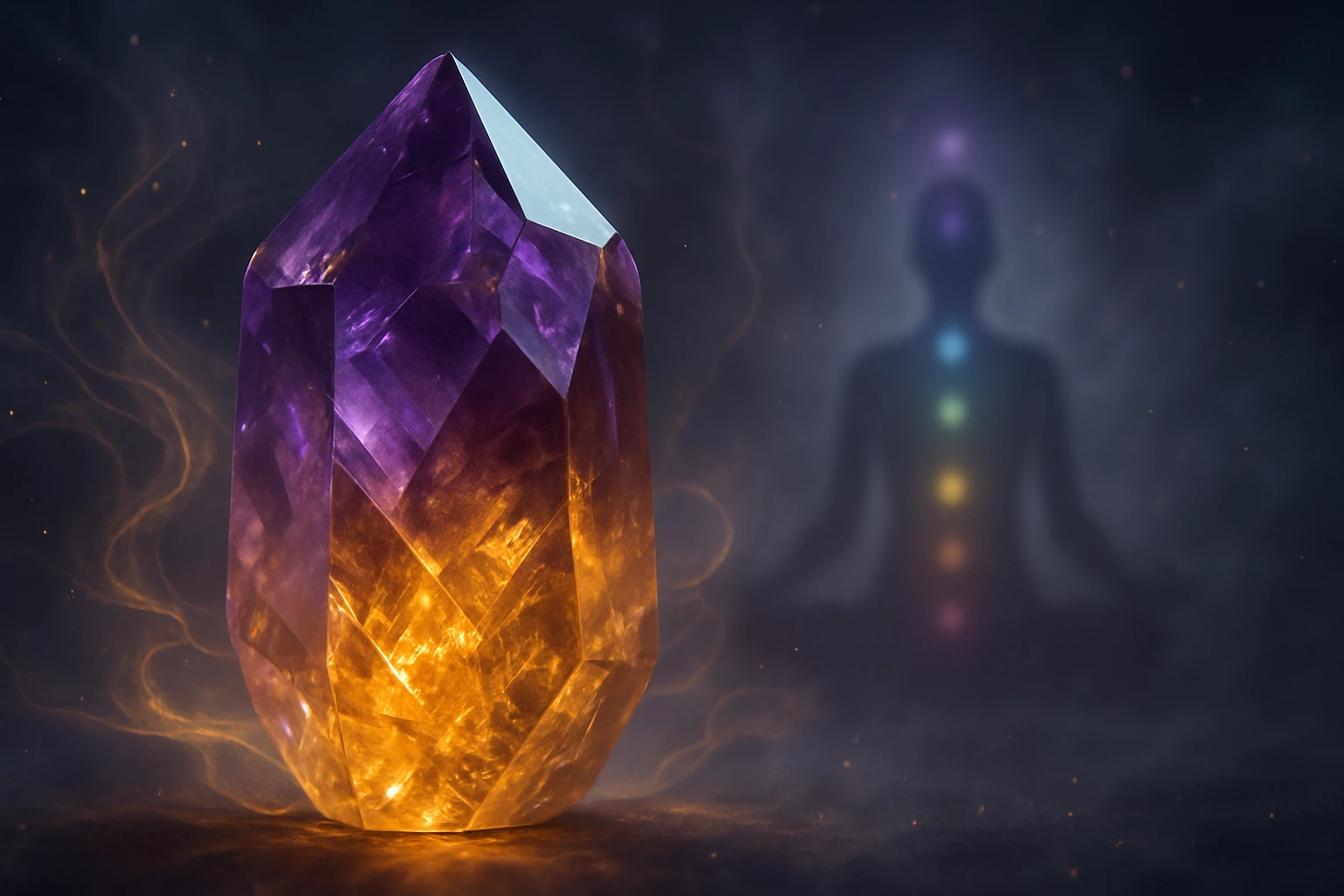 Fialový a zlatý kryštál s jemným osvetlením na tmavom pozadí.