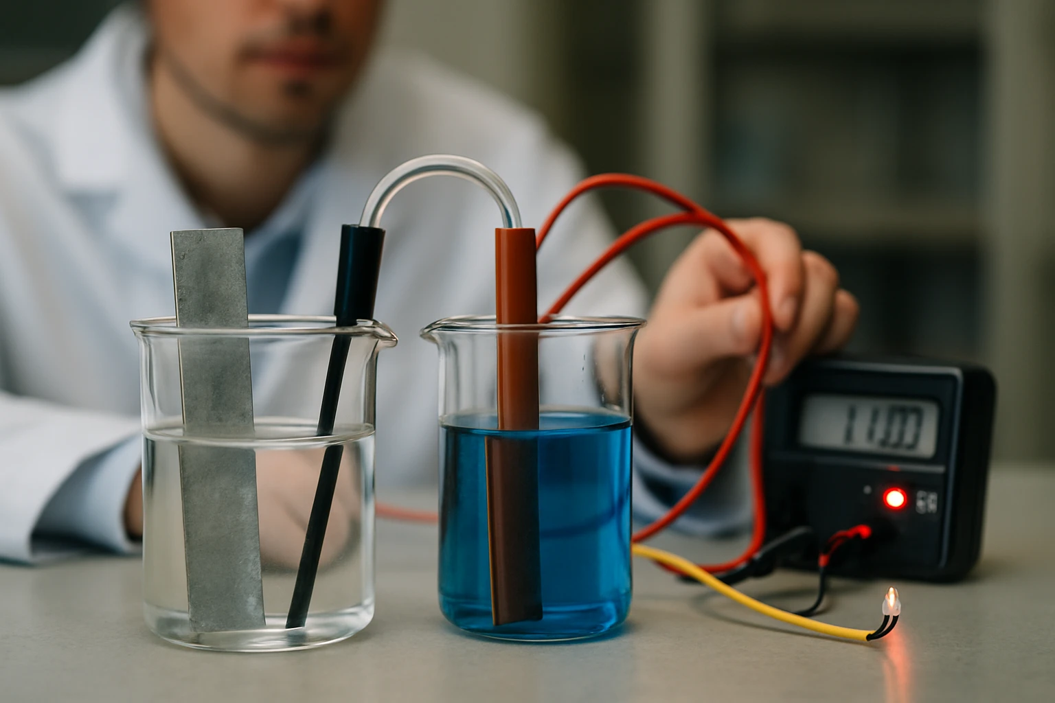 Laboratórny experiment s dvoma nádobami, jedna s vodou, druhá s modrou kvapalinou, pripojené elektrické obvody.