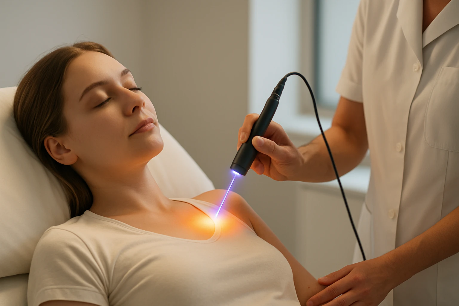 Žena leží na vyšetrovacom stole, zatiaľ čo terapeut používa laser na liečbu.