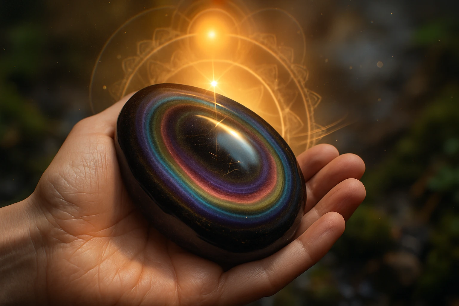 Ručne držaná farebná kamenná guľa s leskom a svetelnými efektmi.