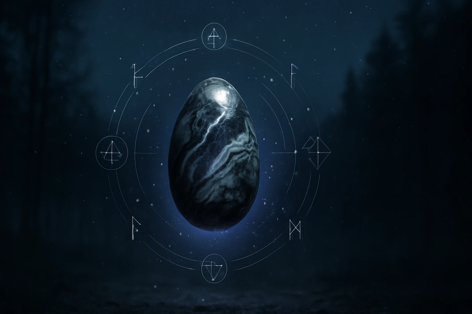 Tmavé, márványos tojás lebeg egy mágikus körben, csillagokkal körülvéve.