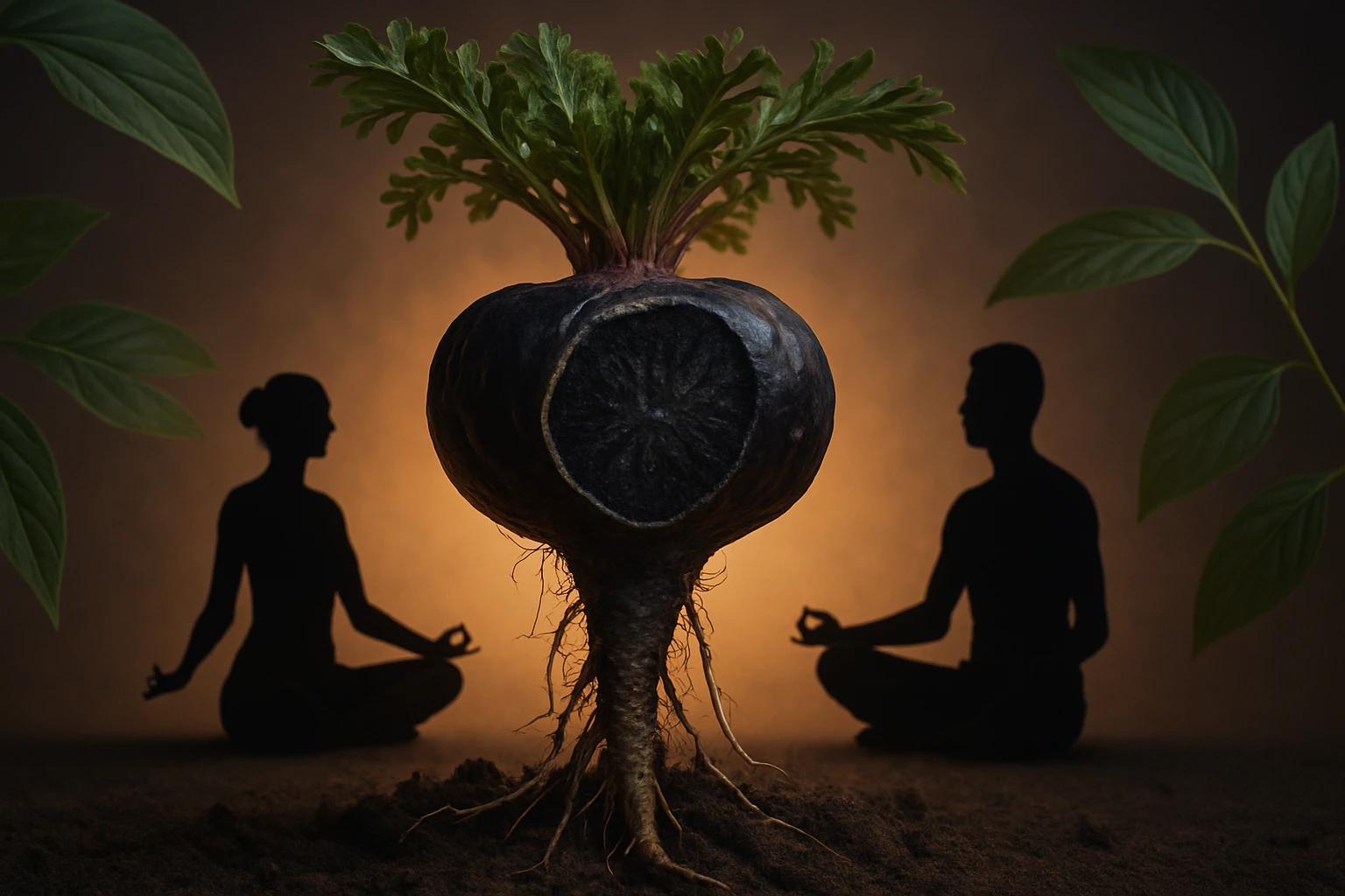 Siluety dvoch meditujúcich osôb pred čiernou repou s listami.