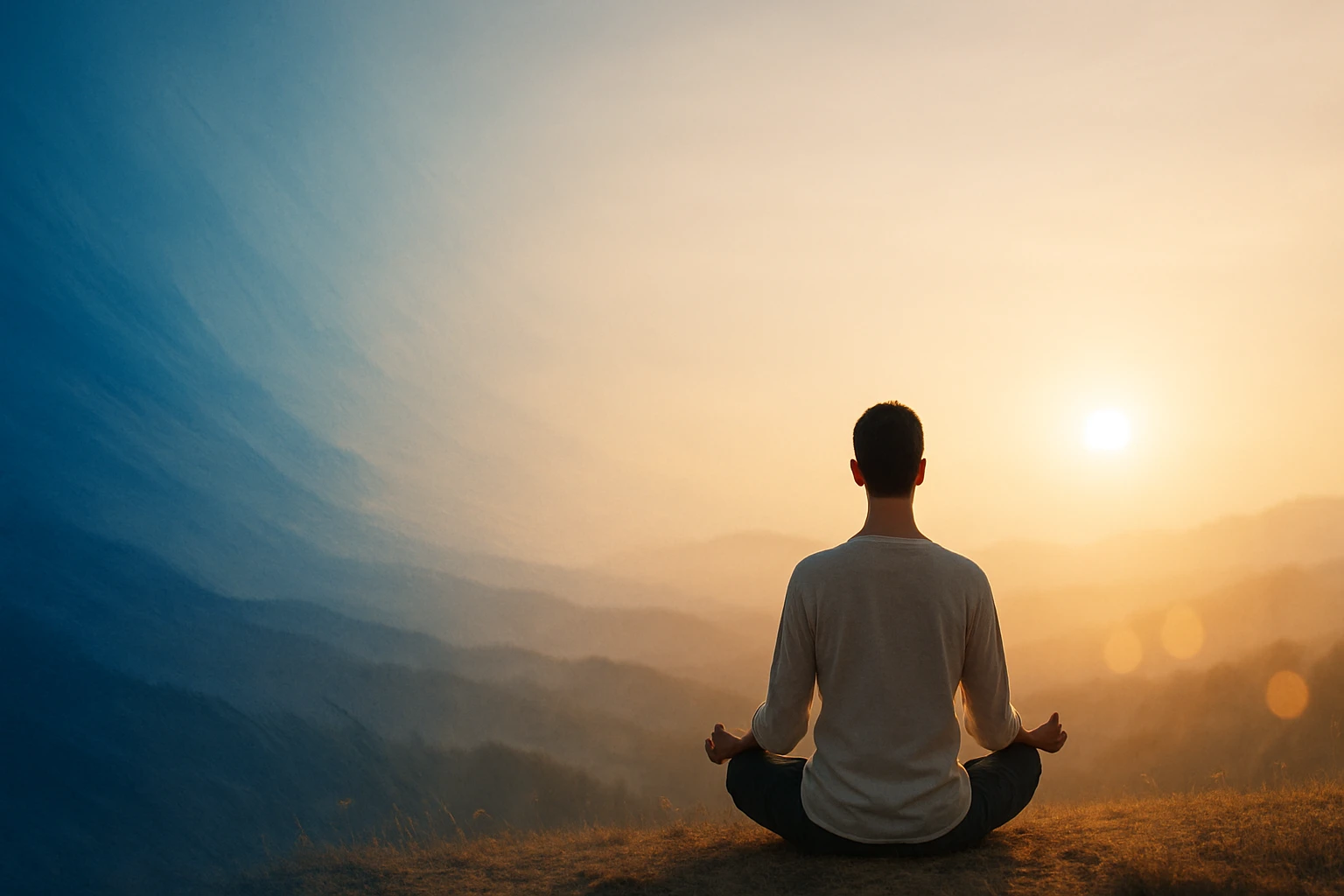 Muž meditujúci na kopci pri západe slnka, obklopený prírodou.