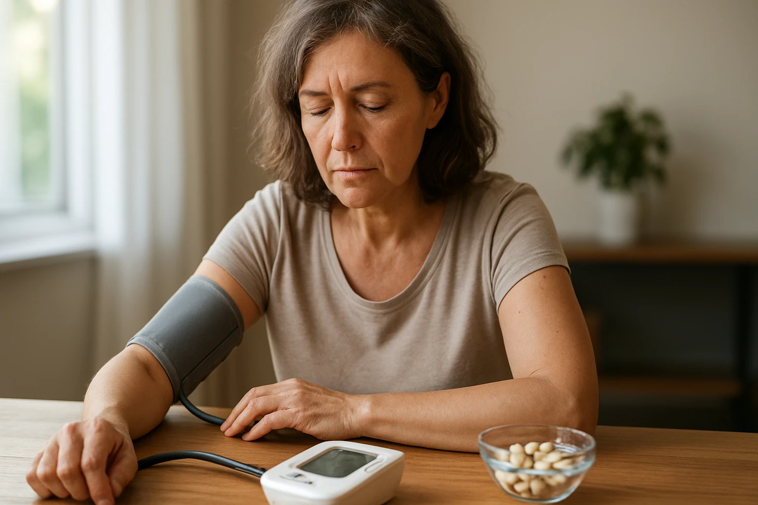 Žena meria krvný tlak pomocou prístroja, sedí pri stole.
