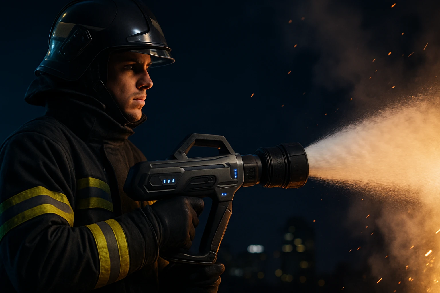 Hasič v uniformě používá moderní hasicí zařízení k hašení ohně v noci.