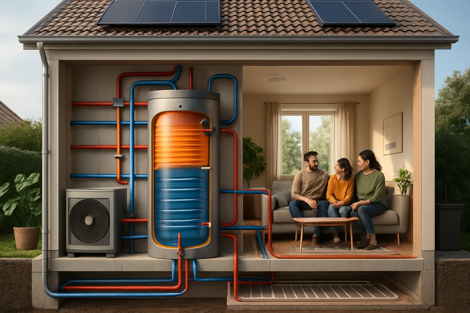 Interiér domu, kde sú viditeľné solárne panely a vykurovací systém.