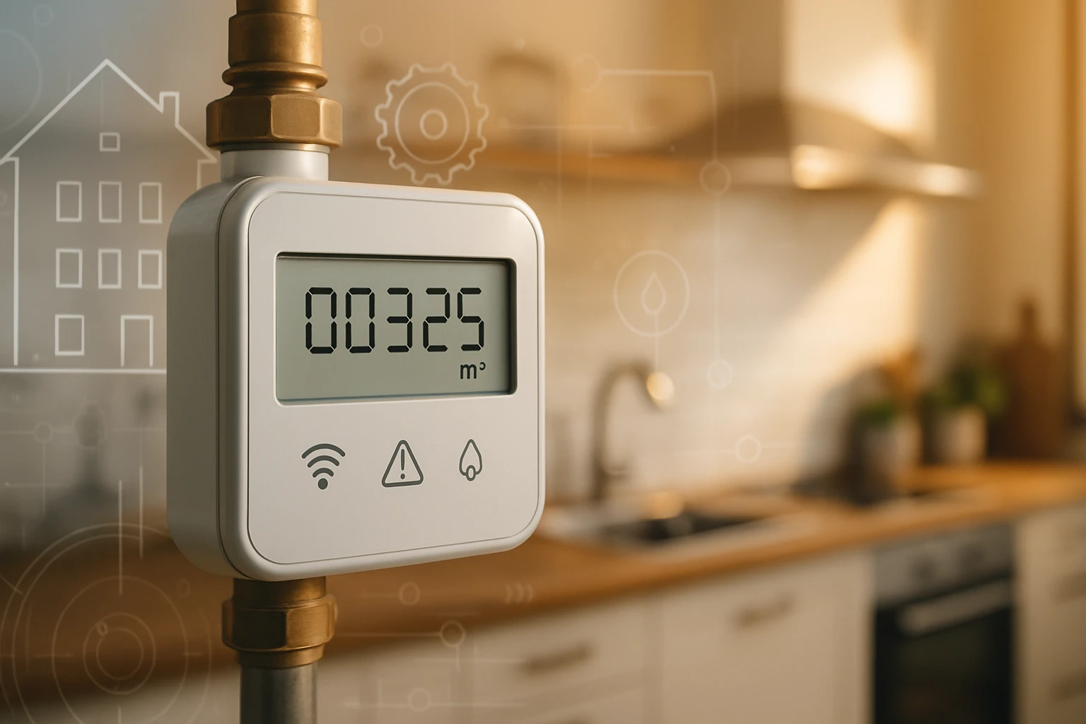 Digitálny merač vody zobrazuje aktuálny objem vody v m³ v modernej kuchyni.
