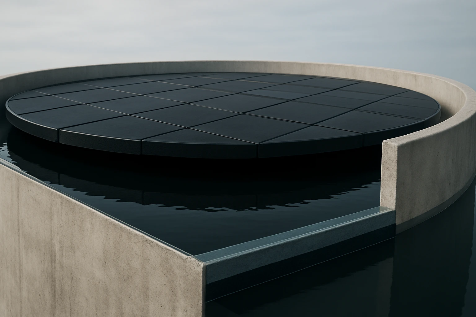 Kolo čierneho povrchu na vodnej hladine s betónovým okrajom.