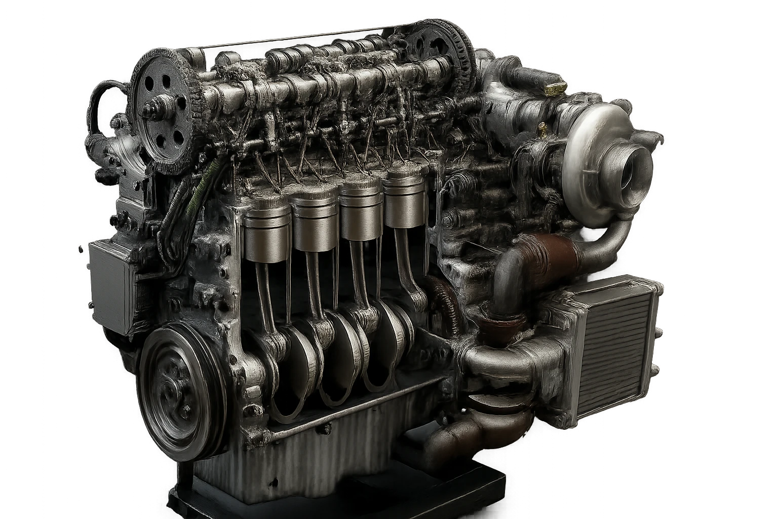 Detailný pohľad na motor s viacerými piestami a turbodúchadlom.