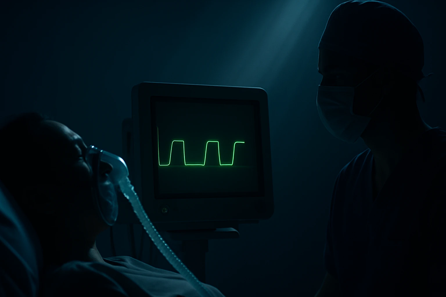 Pacient s dýchacou maskou leží na lôžku, monitor zobrazuje vitálne funkcie.