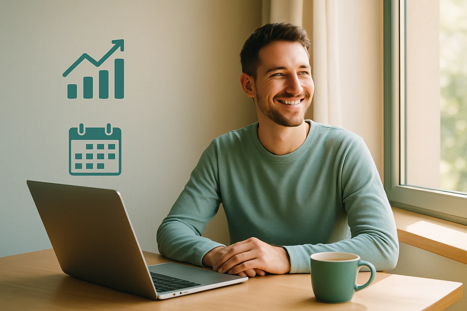 Muž sedí pri stole s laptopom, usmieva sa a má pred sebou šálku kávy.