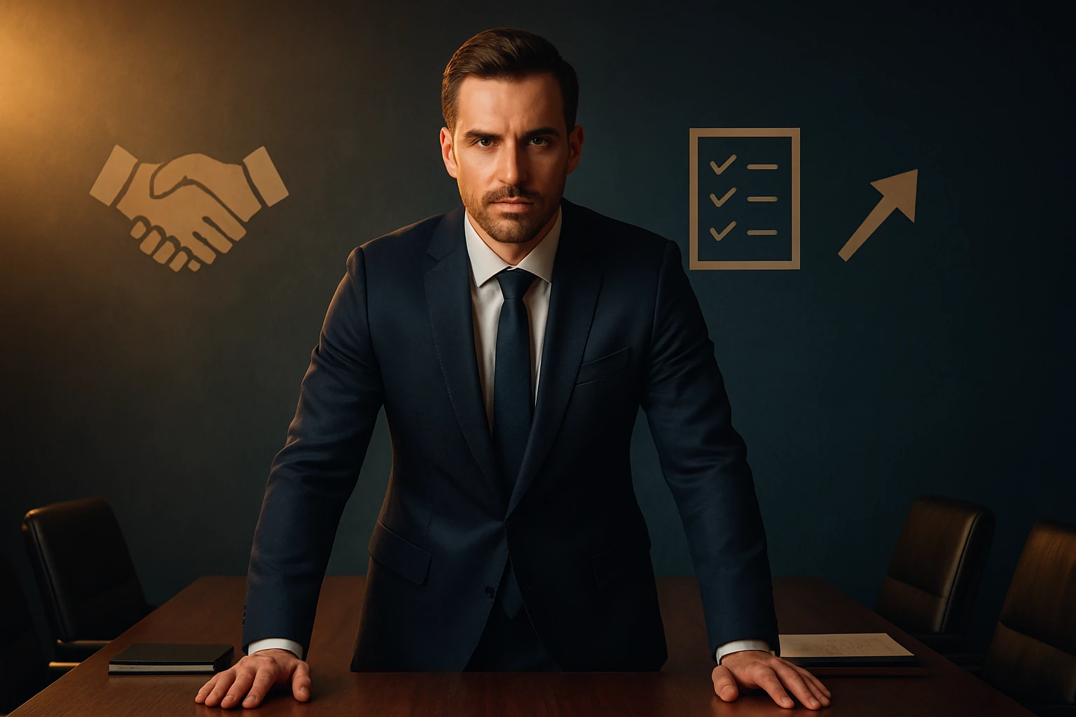 Muž v obleku stojí za stolom s vážnym výrazom, pozadie s ikonami.