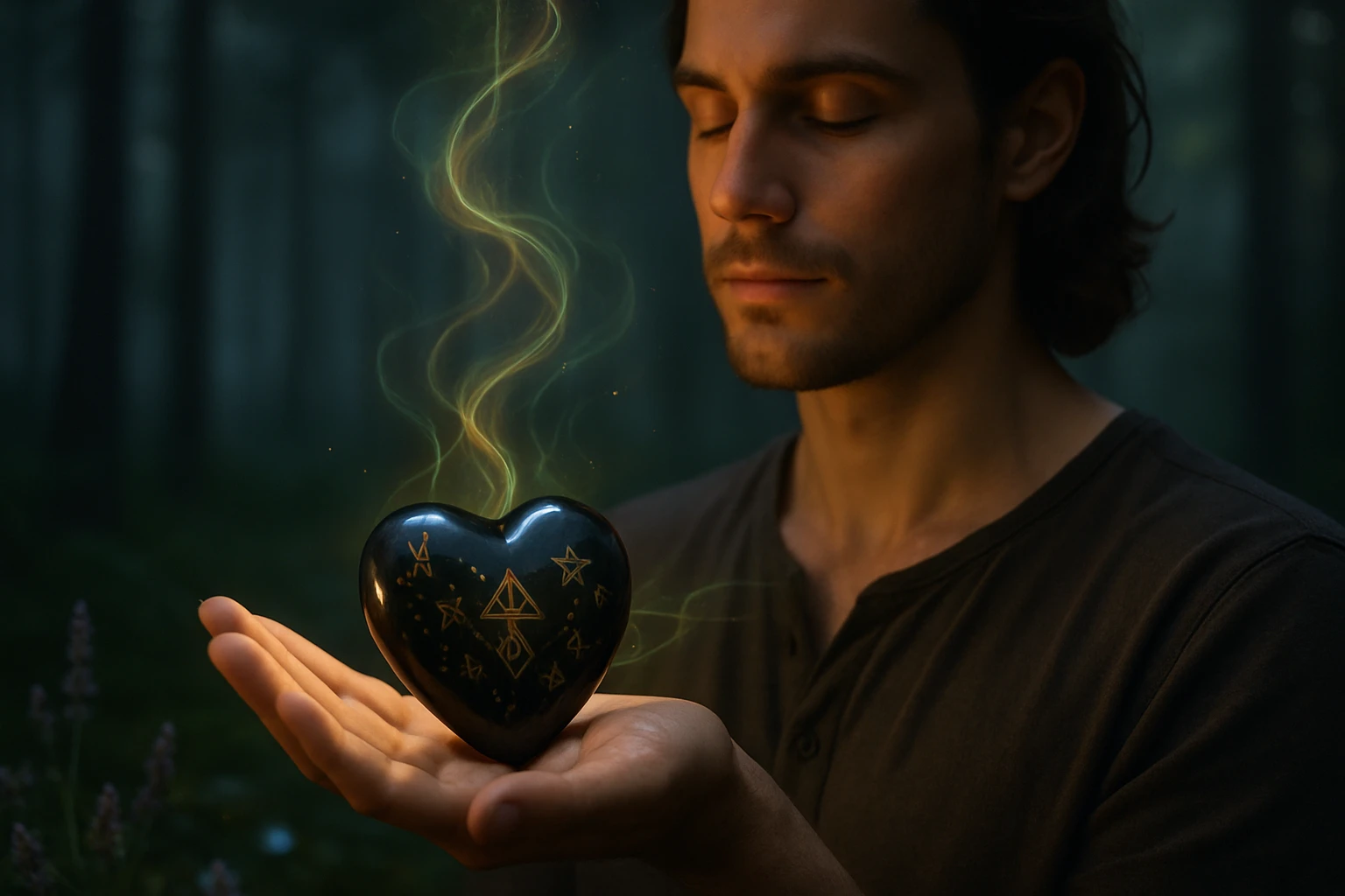 Muž drží čierne srdce s mystickými symbolmi, obklopený lesom.