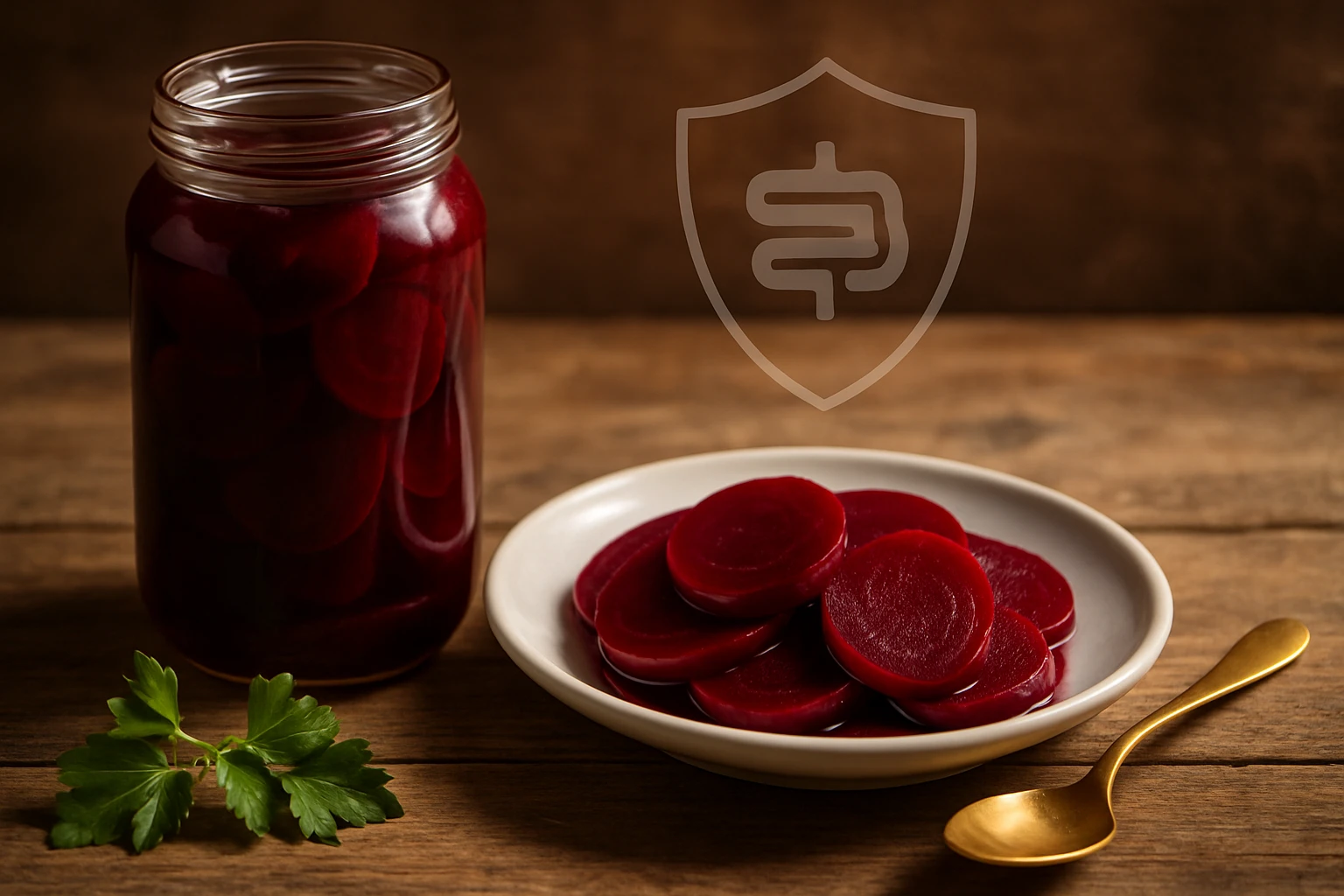 Sklenená nádoba s nakladanou repou a tanier s plátkami repy.