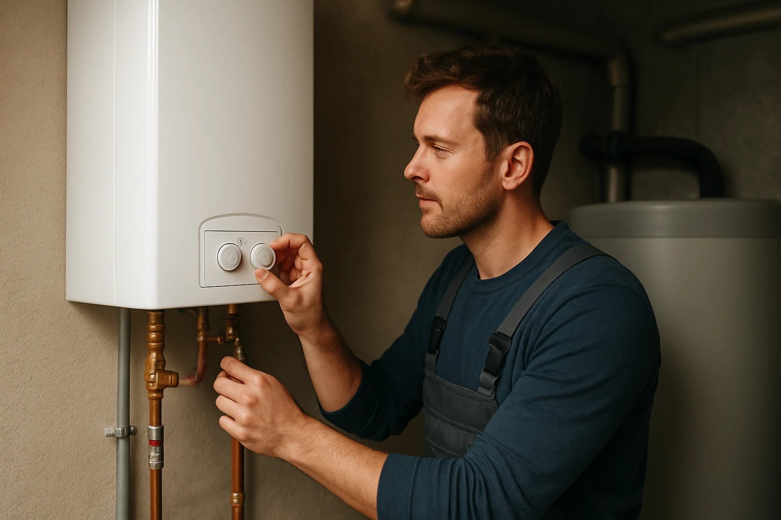 Muž nastavuje ovládanie na modernom kotli v technickej miestnosti.