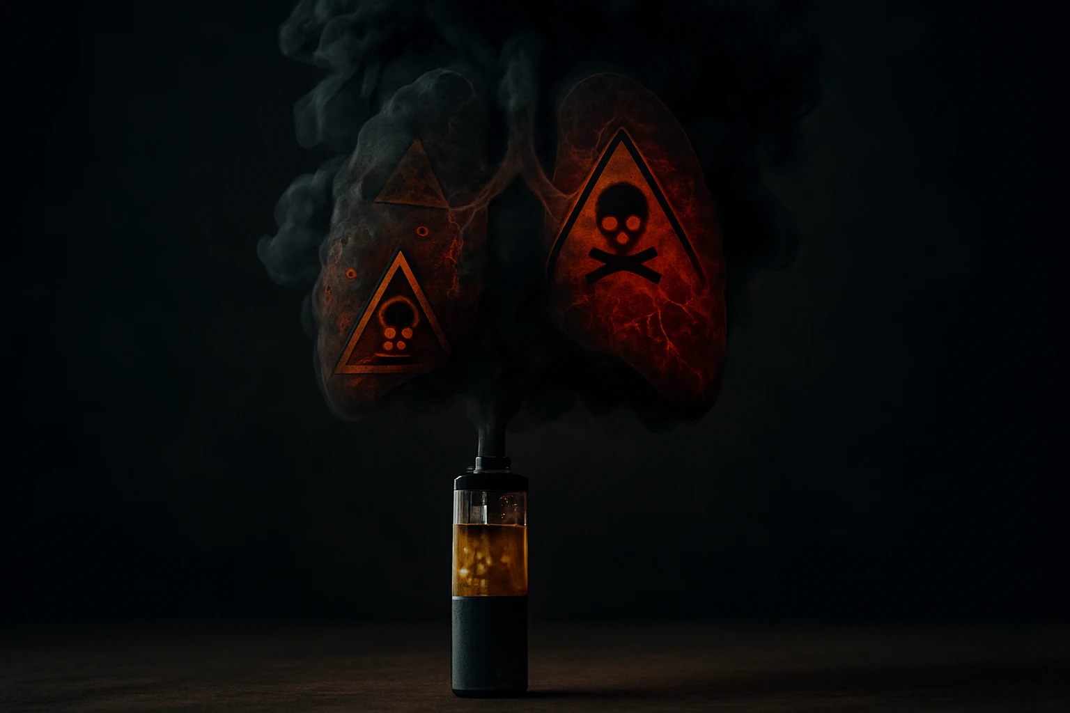 Vape zariadenie s dymom formujúcim pľúca a varovné symboly.