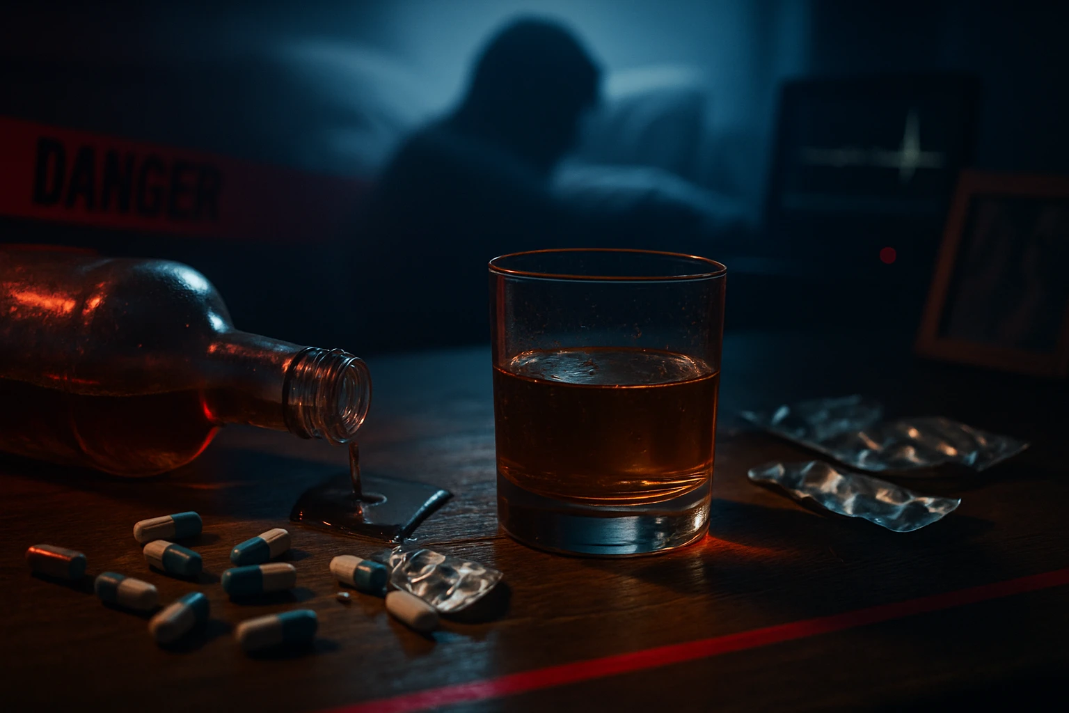 Na stole je rozliata fľaša alkoholu, pohár a lieky, v pozadí je rozmazaná postava.