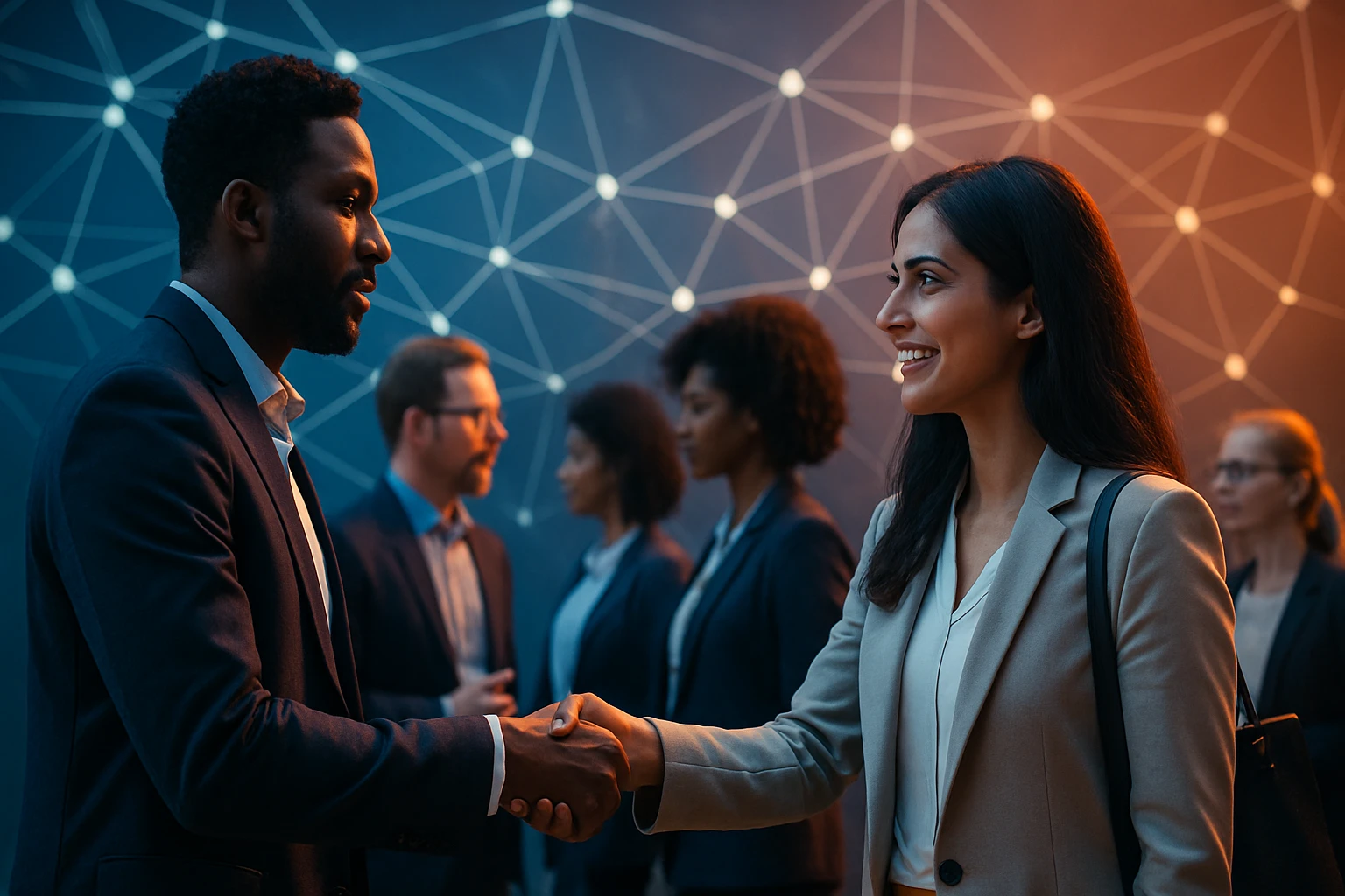 Dva profesionáli sa zdravia podaním rúk na obchodnej akcii.