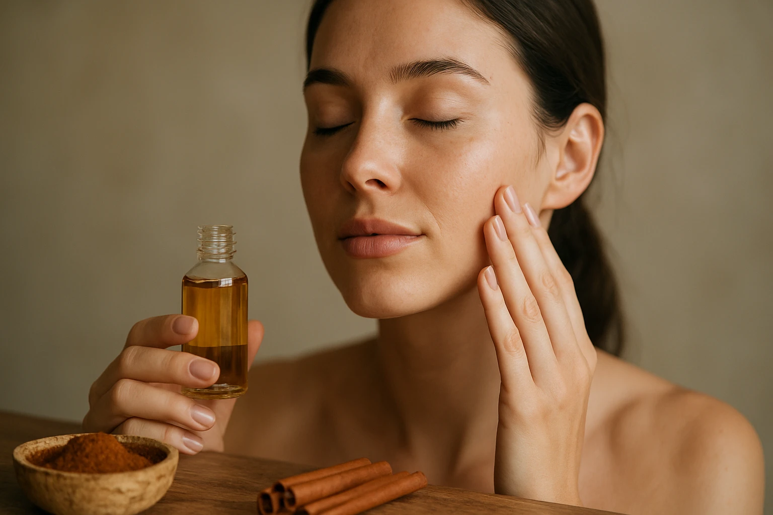 Žena aplikuje škoricový olej na pleť