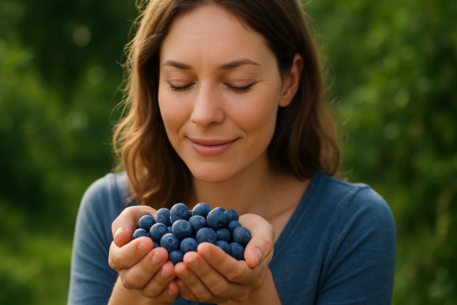 Žena drží čučoriedky, ktoré sú bohaté na antioxidanty.