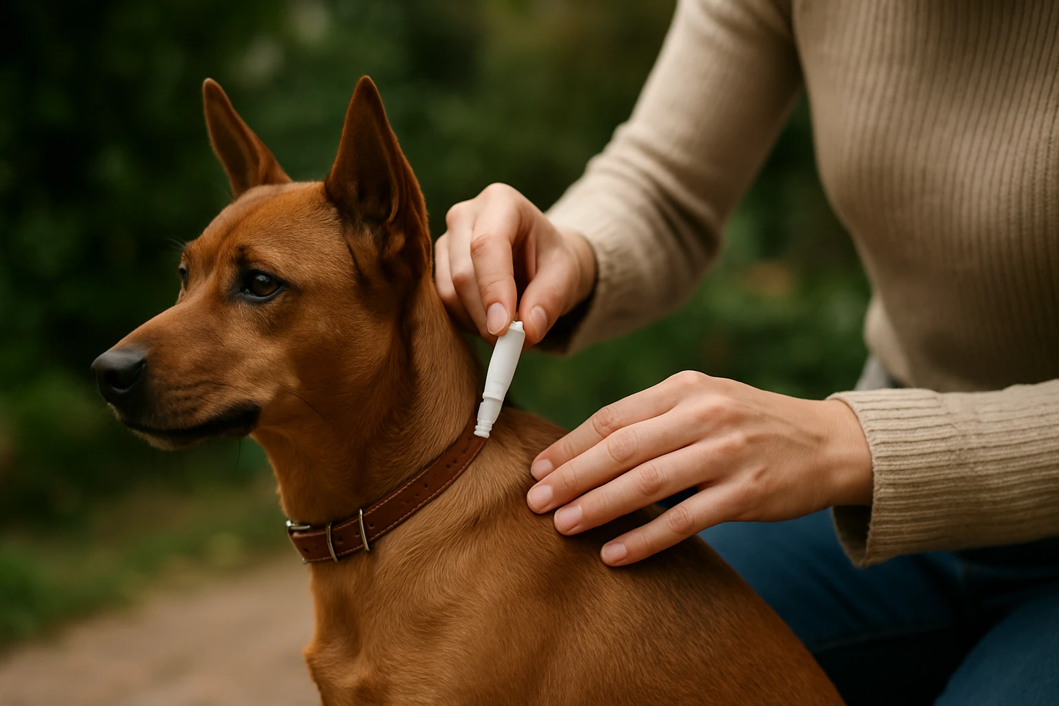 A dog receiving Advantix application for flea and tick protection.