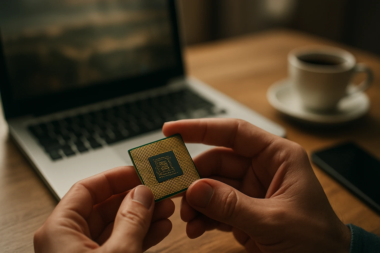 Procesor v ruke pri práci na laptopu