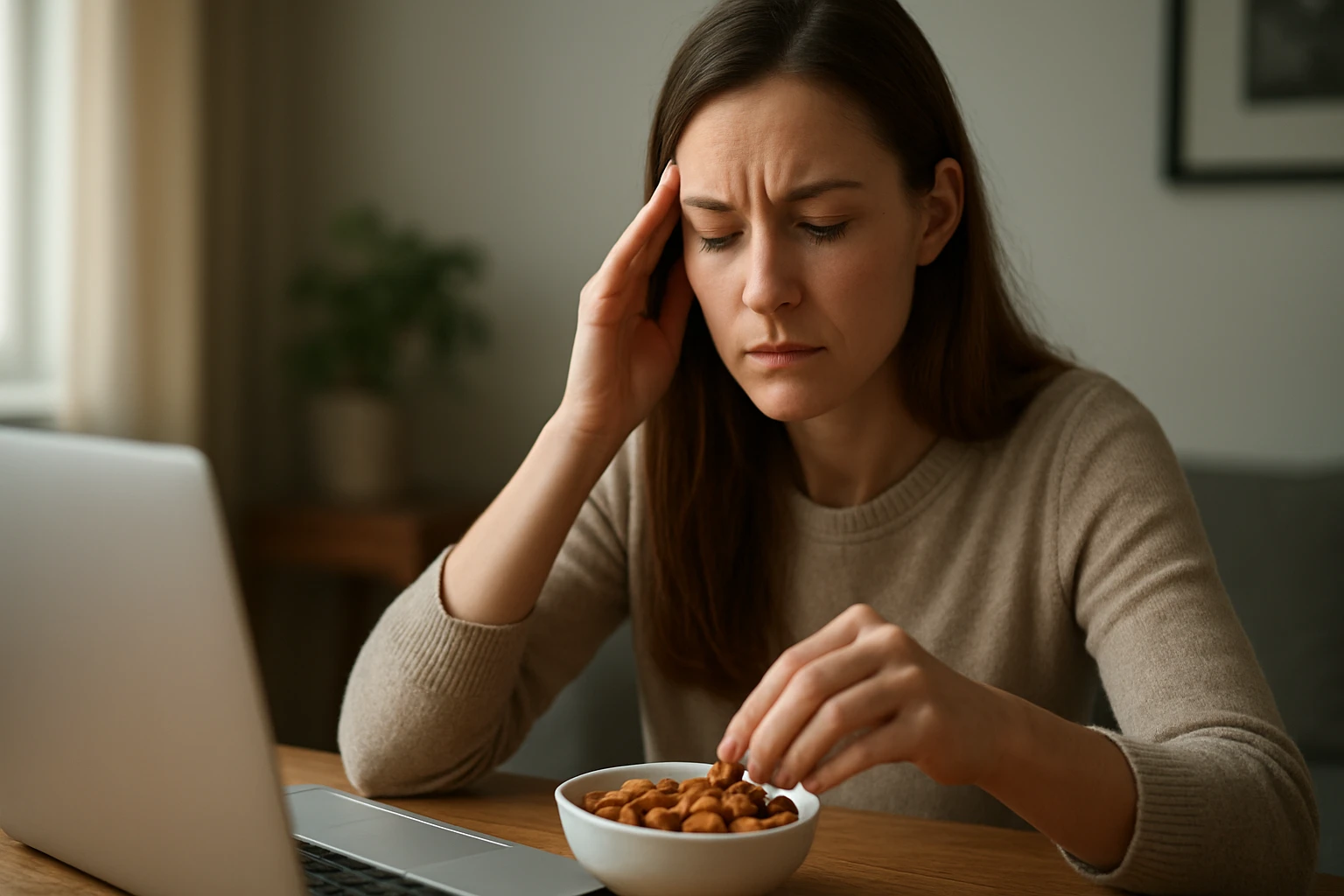 Žena s bolesťou hlavy konzumuje mandle pri počítači