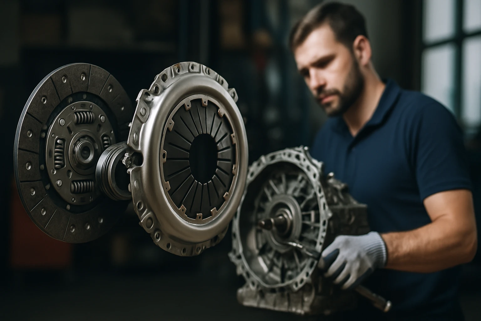 Mechanik pracuje na automobilovom motore, drží spojkový mechanizmus.